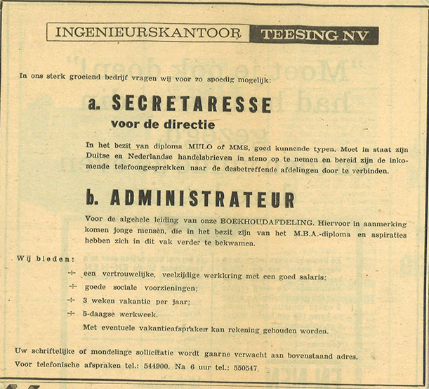 Een van de eerste advertenties, waar Teesing op zoek was naar werknemers.