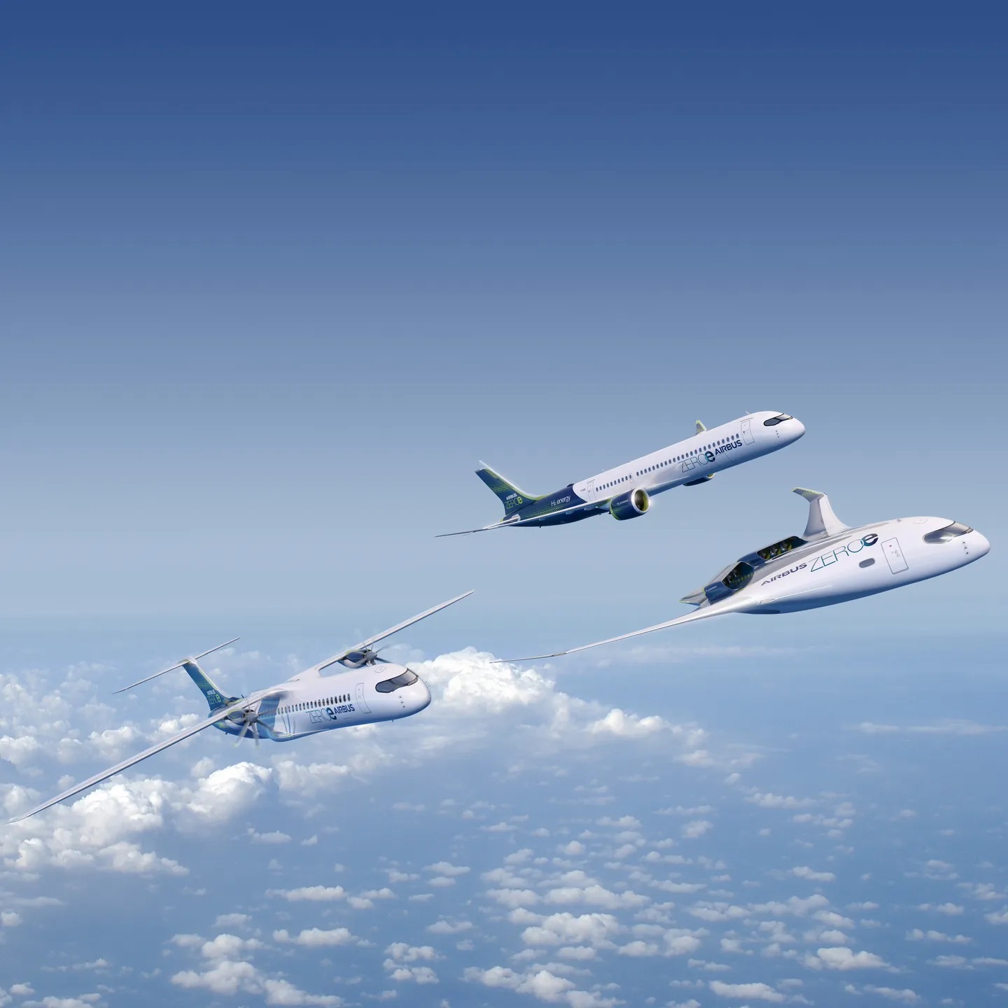 Foto: drie generaties van hybride-elektrische en waterstof-elektrische vliegtuigen zoals Airbus die gepland heeft.