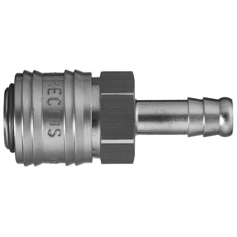 45108010 Coupling - Single Shut-off - Hose Barb Rectus and Serto Single shut-off quick couplers work without a valve in the nipple but with a valve in the quick coupler. The flow is stalled when the connection is broken. (Rectus KA serie)