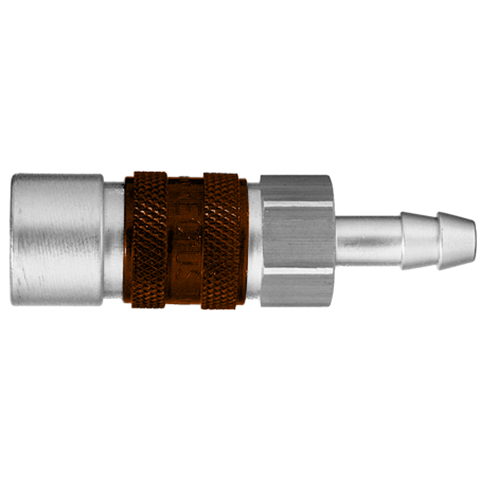 45555720 Coupling - Single Shut-off - Hose Barb Rectus quick coupling single shut-off coded system - Rectukey.  The mechanical coding of the coupling and plug offers a  guarantee for avoiding mix-ups between media when coupling, which is complemented by the color coding of the anodised sleeves. Double shut-off version available on request.