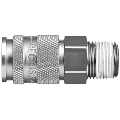 47756975 Coupling - Single Shut-off - Male Thread Rectus and Serto Single shut-off quick couplers work without a valve in the nipple but with a valve in the quick coupler. The flow is stalled when the connection is broken. (Rectus KA serie)