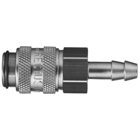 48000450 Coupling - Single Shut-off - Hose Barb Rectus and Serto Single shut-off quick couplers work without a valve in the nipple but with a valve in the quick coupler. The flow is stalled when the connection is broken. (Rectus KA serie)