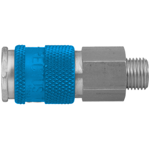 48024790 Coupling - Single Shut-off - Male Thread Rectus quick coupling single shut-off coded system - Rectukey.  The mechanical coding of the coupling and plug offers a  guarantee for avoiding mix-ups between media when coupling, which is complemented by the color coding of the anodised sleeves. Double shut-off version available on request.