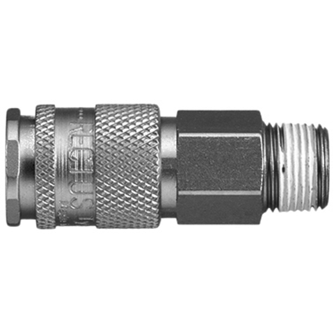 48600000 Coupling - Single Shut-off - Male Thread Rectus and Serto Single shut-off quick couplers work without a valve in the nipple but with a valve in the quick coupler. The flow is stalled when the connection is broken. (Rectus KA serie)
