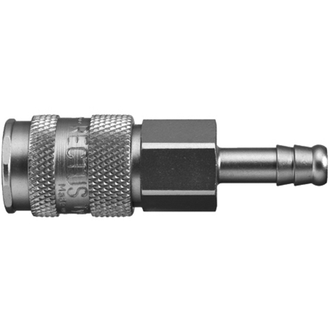 48640750 Coupling - Single Shut-off - Hose Barb Rectus and Serto Single shut-off quick couplers work without a valve in the nipple but with a valve in the quick coupler. The flow is stalled when the connection is broken. (Rectus KA serie)