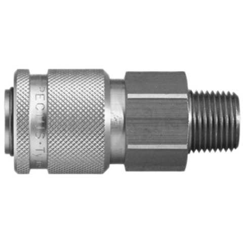 48697575 Coupling - Single Shut-off - Male Thread Rectus and Serto Single shut-off quick couplers work without a valve in the nipple but with a valve in the quick coupler. The flow is stalled when the connection is broken. (Rectus KA serie)