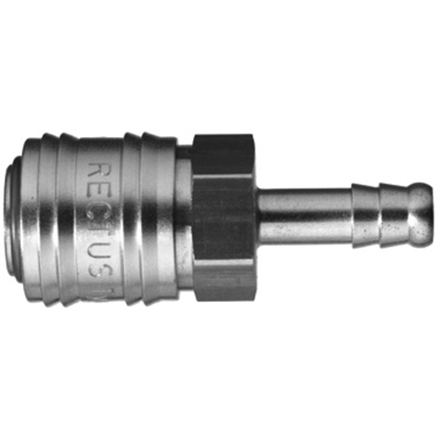 48812500 Coupling - Single Shut-off - Hose Barb Rectus and Serto Single shut-off quick couplers work without a valve in the nipple but with a valve in the quick coupler. The flow is stalled when the connection is broken. (Rectus KA serie)